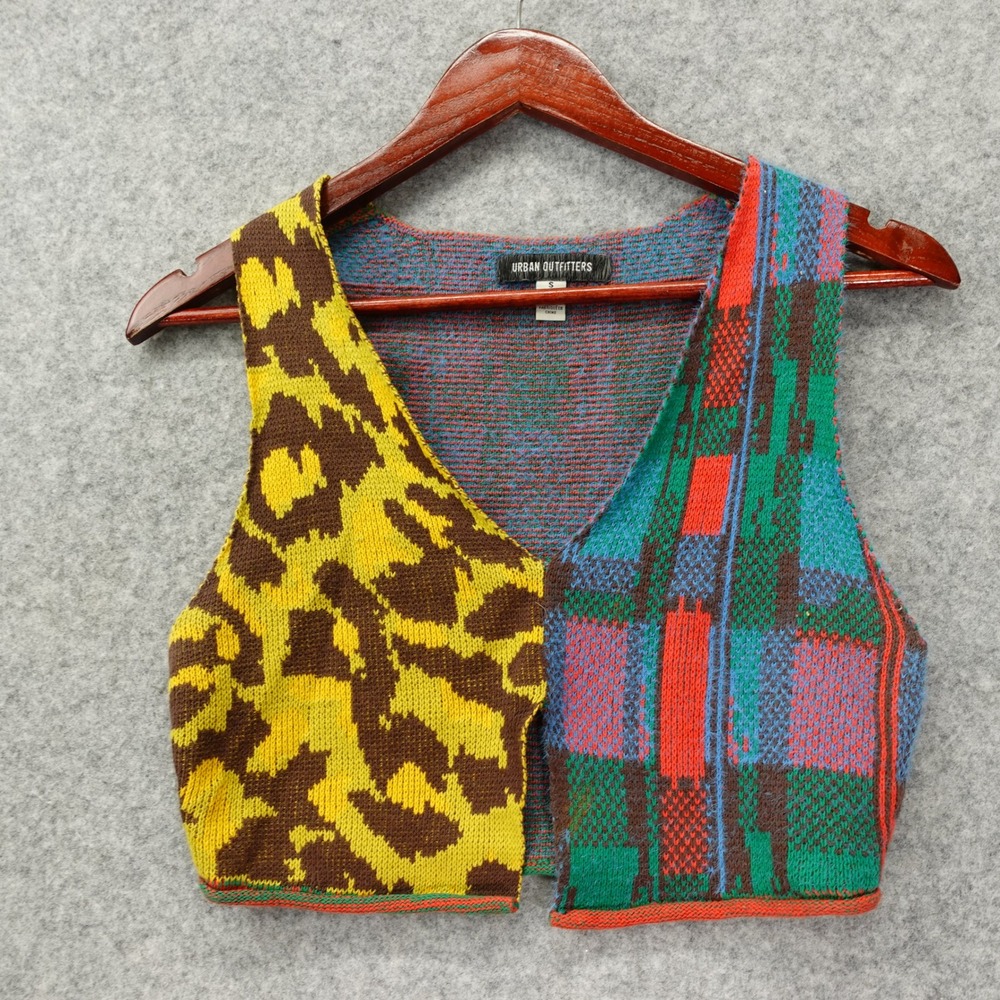 Y2K Eclectic Patchwork Vest Top Womens SMALL Crop Leopard Plaid URBAN OUTFITTERS